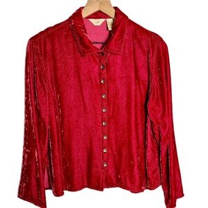 J. Jill Crushed Velvet Button Front Shirt Red Pink Sz MP Whimsigoth Boho Party